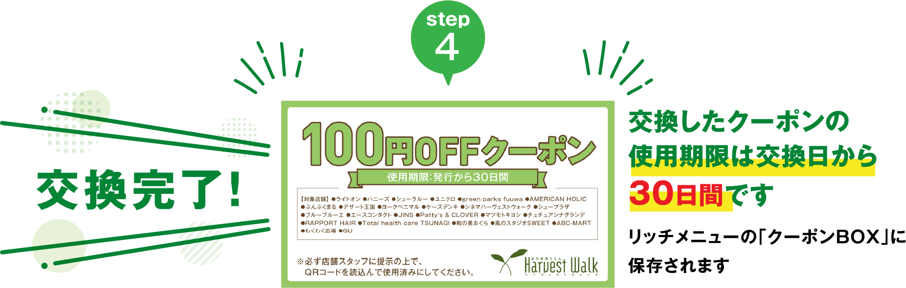 step4 交換完了！ 交換したクーポンの使用期限は交換日から30日間です。 リッチメニューの「クーポンBOX」に保存されます